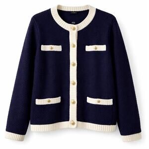Talbots XL Navy Boucle Cardigan NWT Gold Buttons Cream Trim $129 Retail